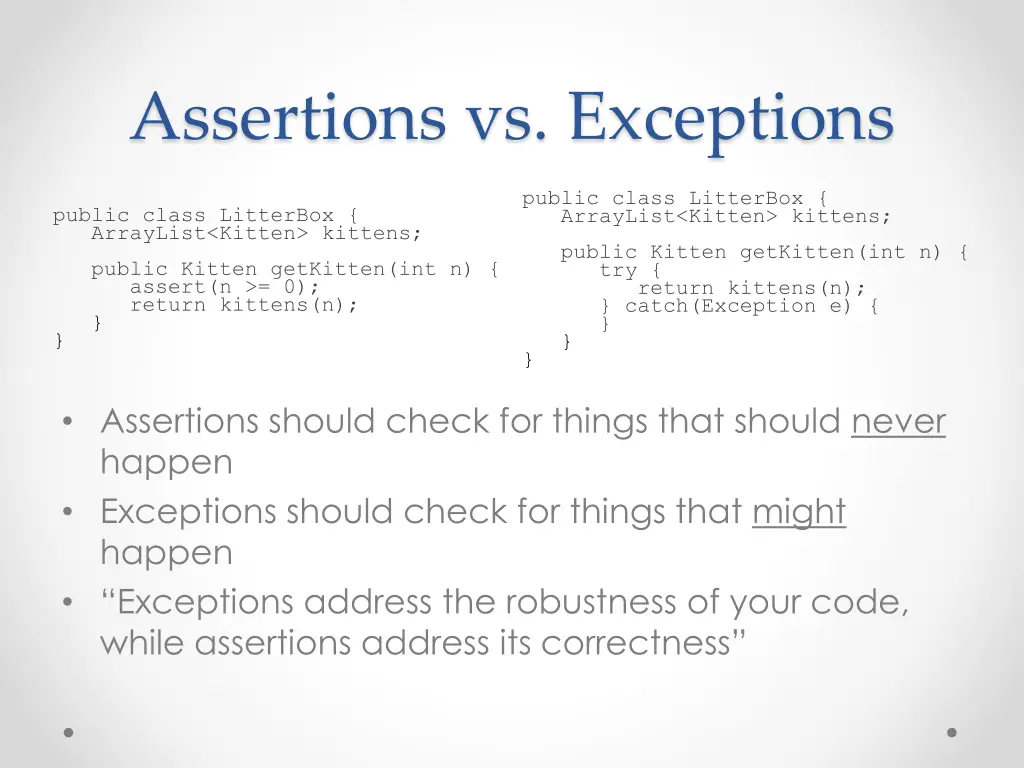 assertions vs exceptions