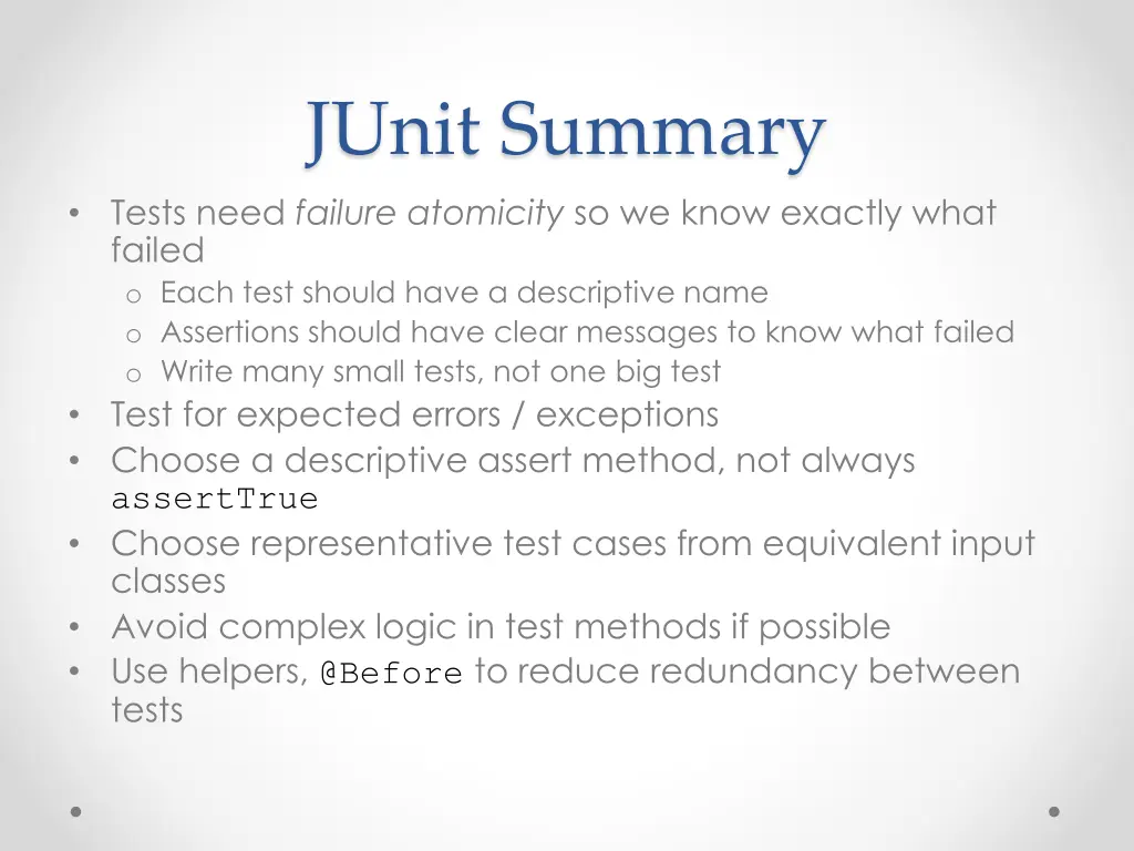 junit summary tests need failure atomicity