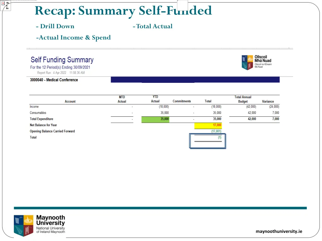 recap summary self funded drill down actual