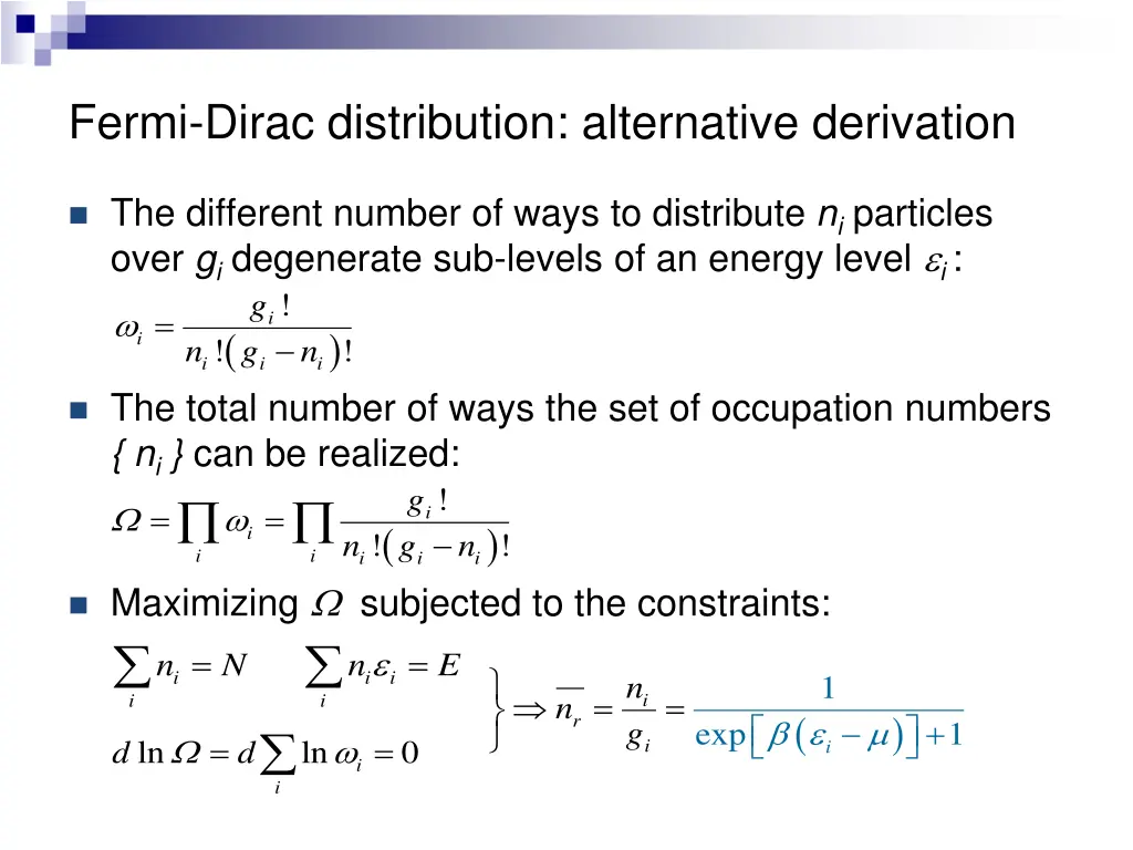 fermi dirac distribution alternative derivation