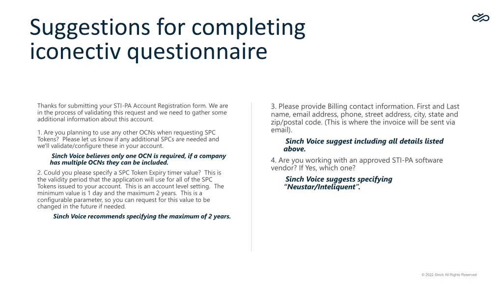 suggestions for completing iconectiv questionnaire