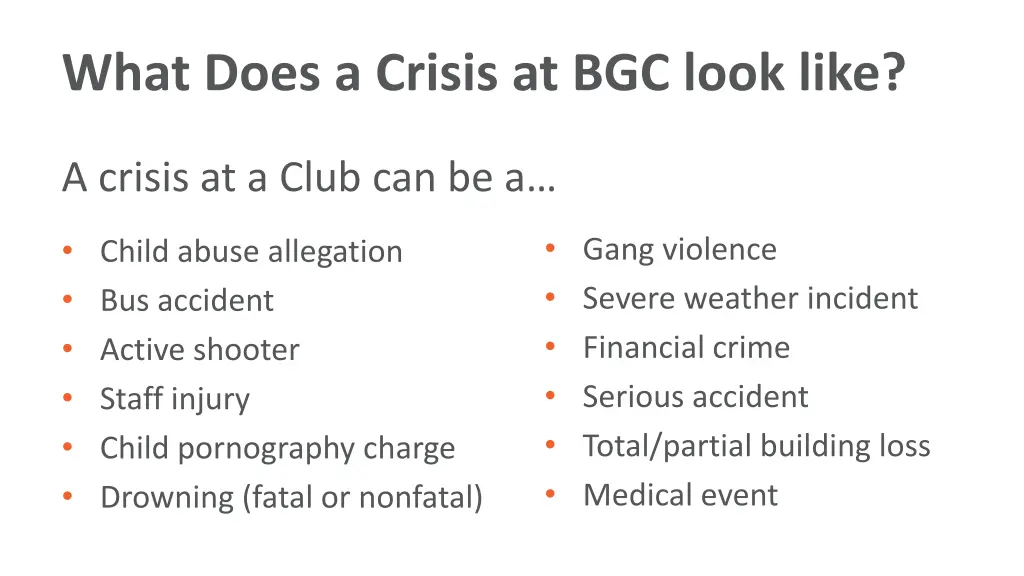 what does a crisis at bgc look like