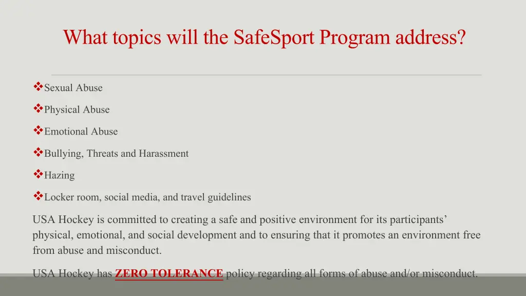 what topics will the safesport program address