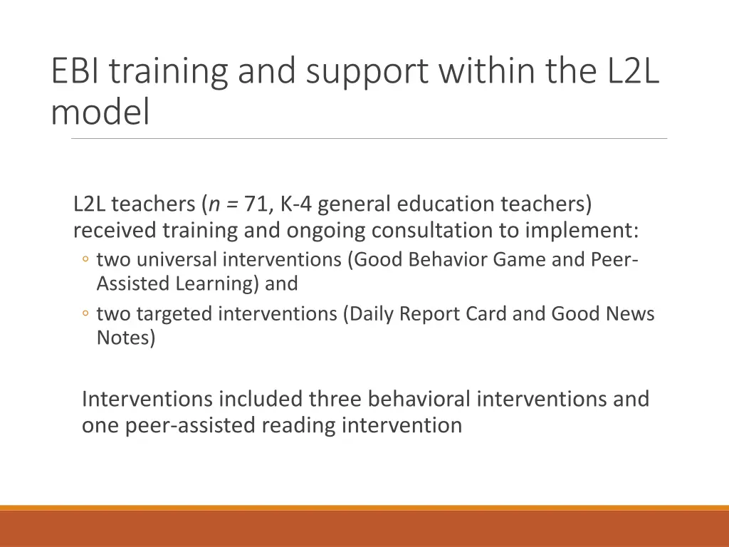 ebi training and support within the l2l model