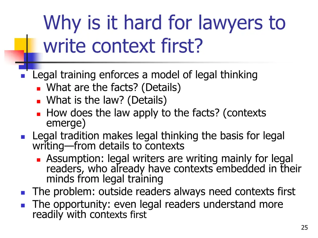 why is it hard for lawyers to write context first