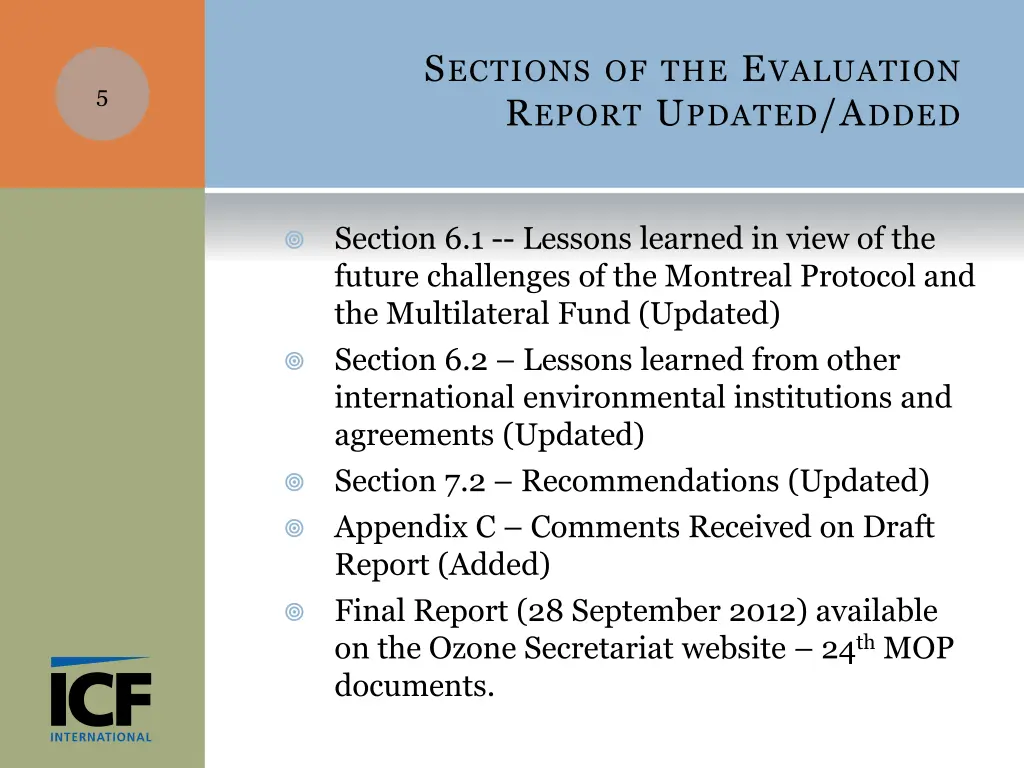 s ections of the e valuation r eport u pdated