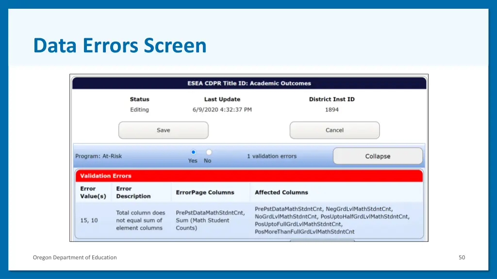 data errors screen