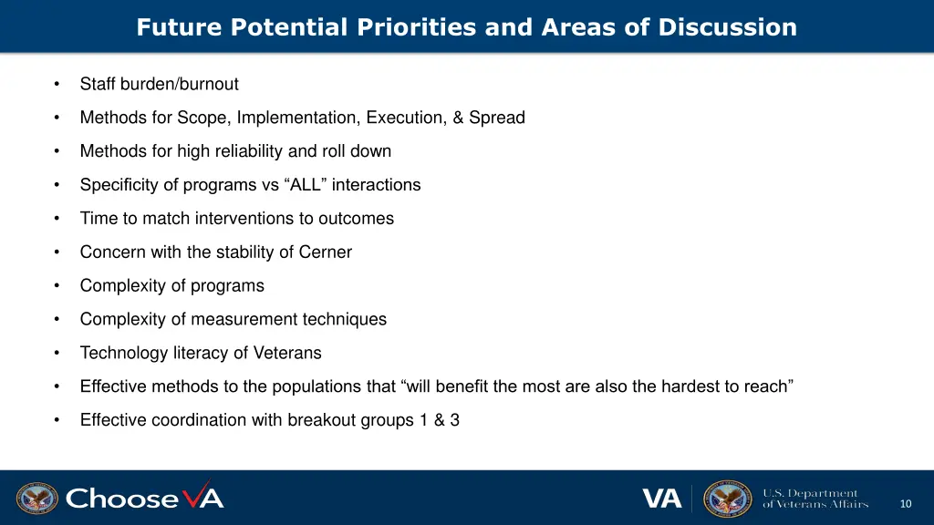 future potential priorities and areas