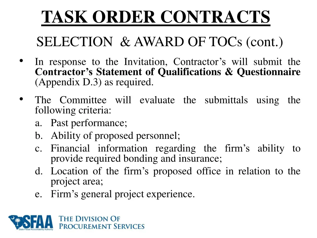 task order contracts selection award of tocs cont