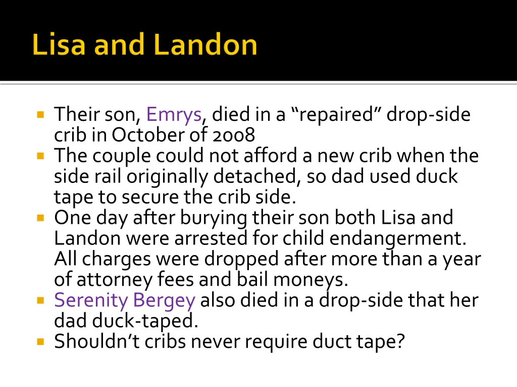 their son emrys died in a repaired drop side crib
