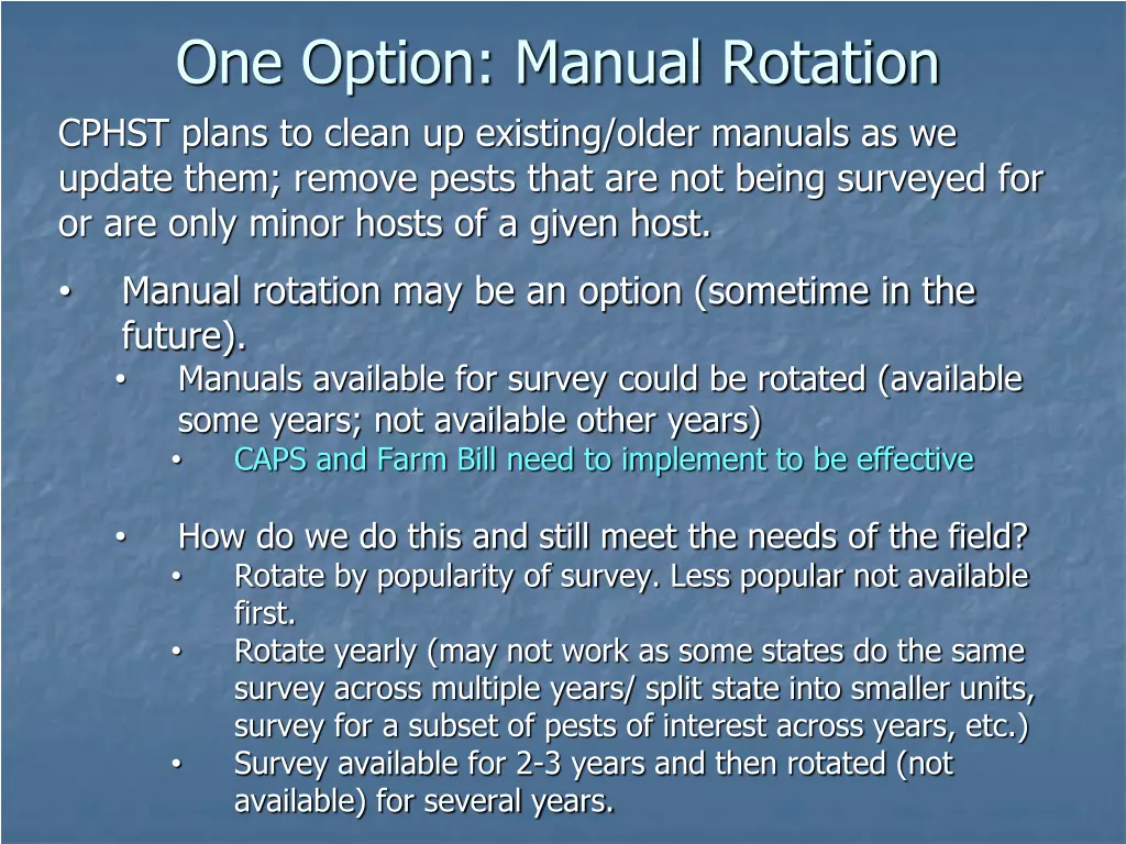 one option manual rotation cphst plans to clean