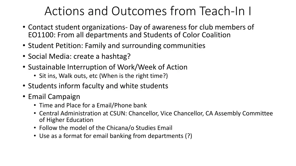 actions and outcomes from teach in i contact