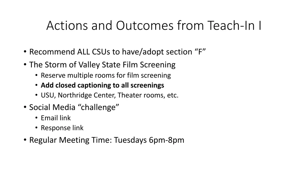 actions and outcomes from teach in i