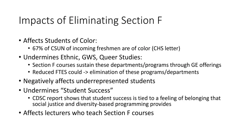 impacts of eliminating section f
