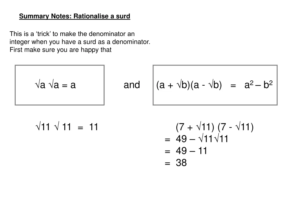 summary notes rationalise a surd