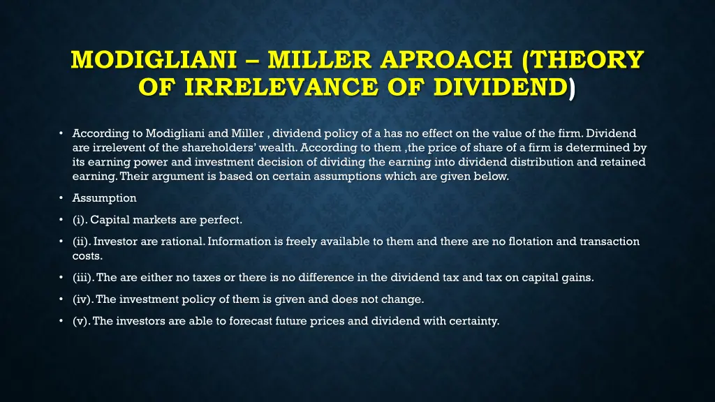 modigliani miller aproach theory of irrelevance