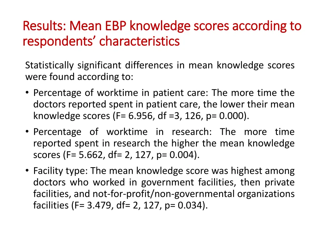 results mean ebp knowledge scores according 1