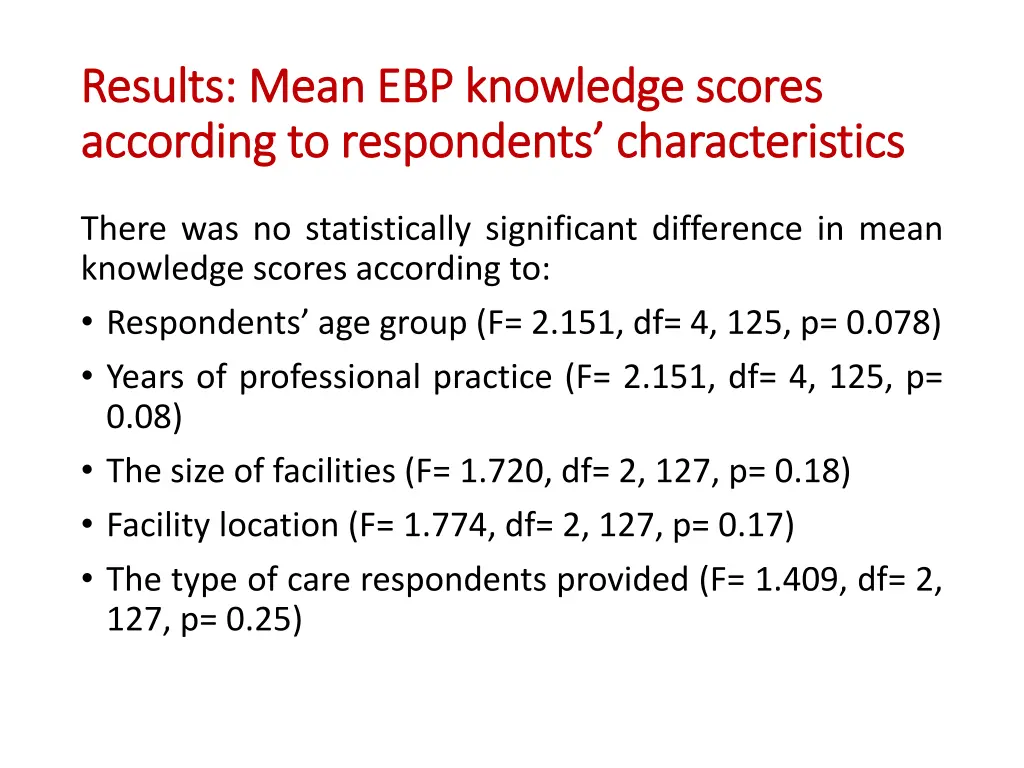 results mean ebp knowledge scores results mean