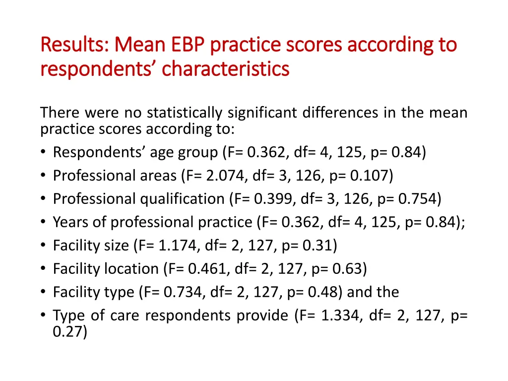 results mean ebp practice scores according 1