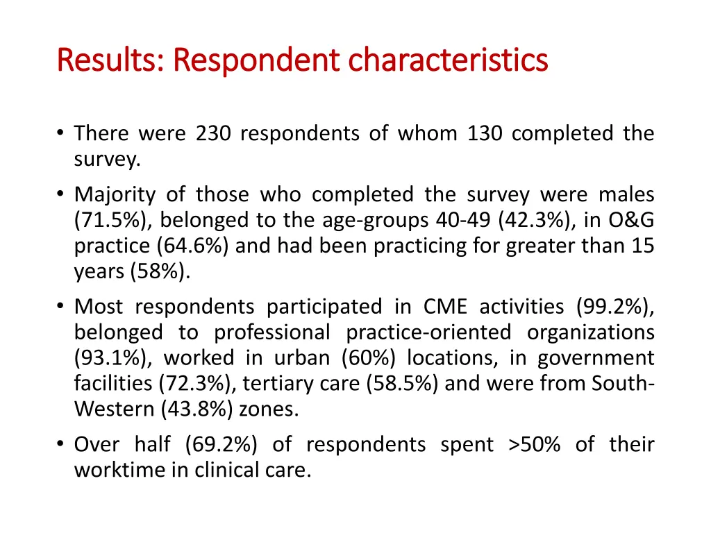 results respondent characteristics results