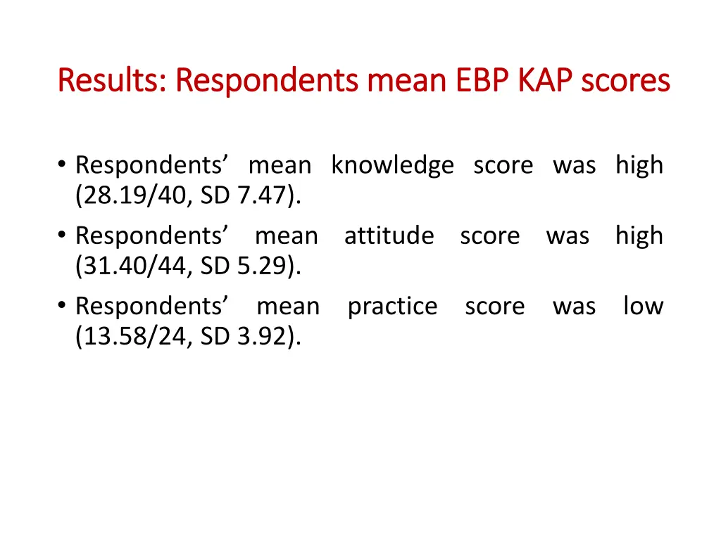 results respondents mean ebp kap scores results