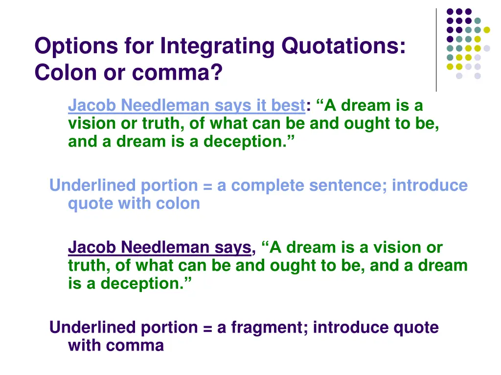 options for integrating quotations colon or comma