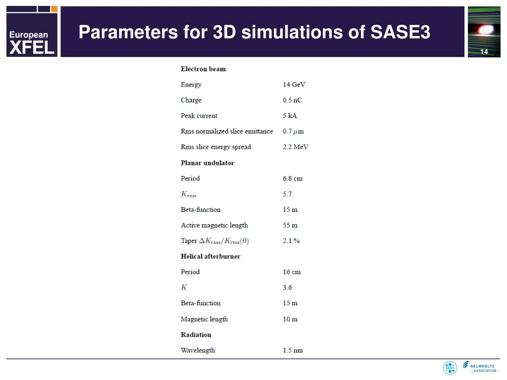 parameters for 3d simulations of sase3