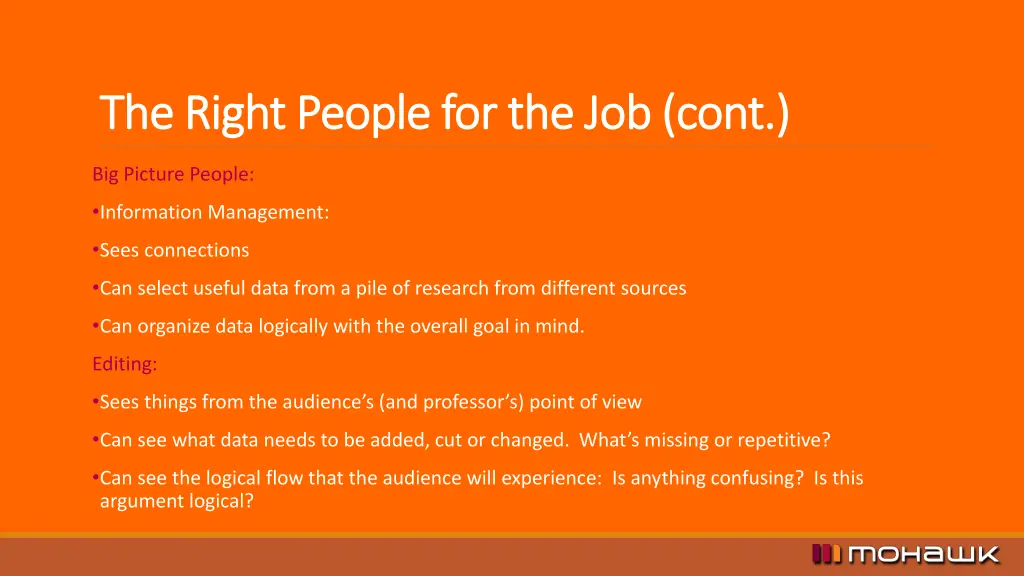 the right people for the job cont the right