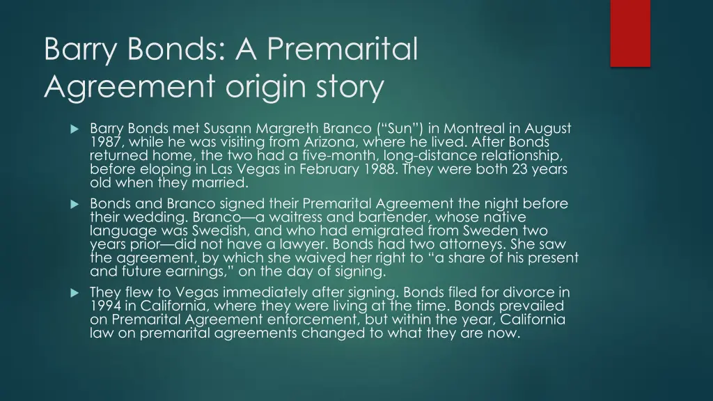 barry bonds a premarital agreement origin story