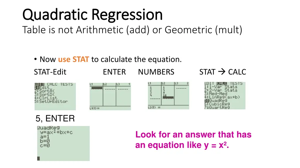 quadratic regression quadratic regression table