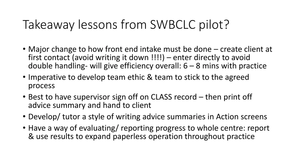 takeaway lessons from swbclc pilot