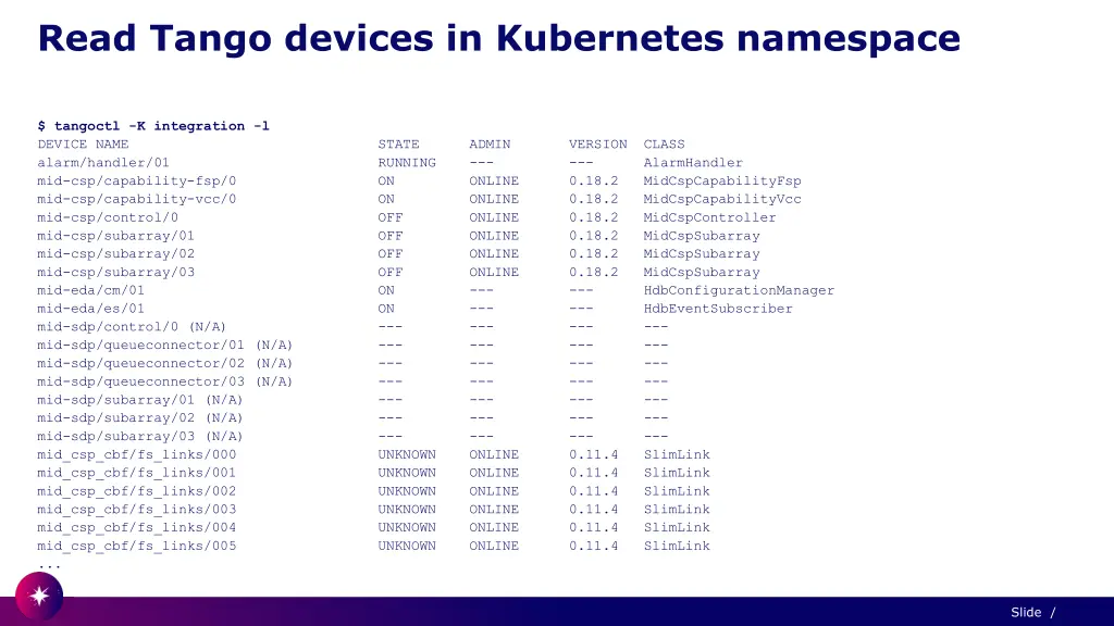 read tango devices in kubernetes namespace