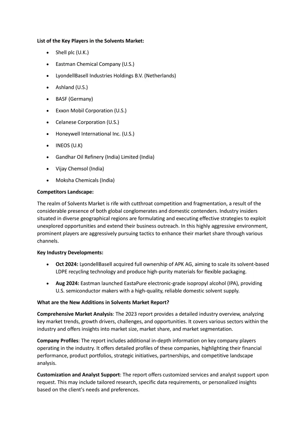 list of the key players in the solvents market