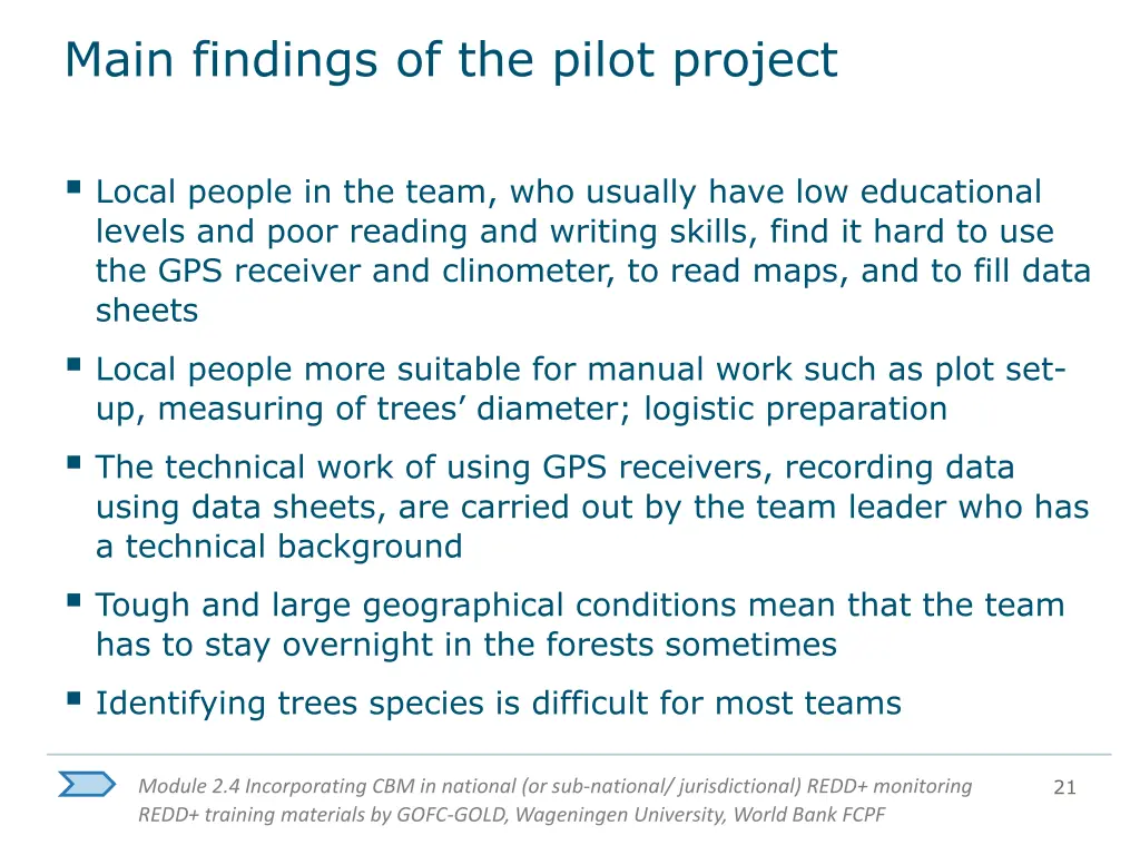 main findings of the pilot project 1