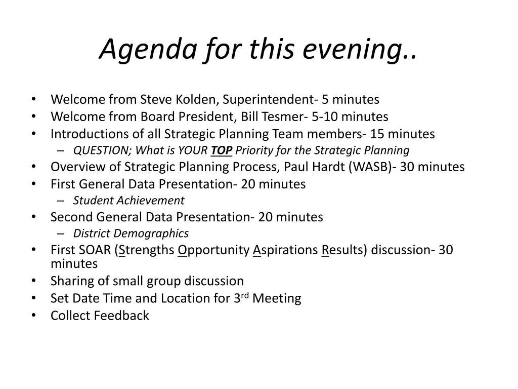 agenda for this evening
