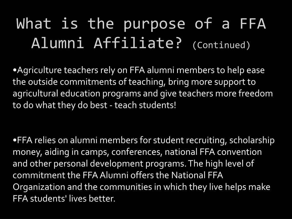 what is the purpose of a ffa alumni affiliate 1