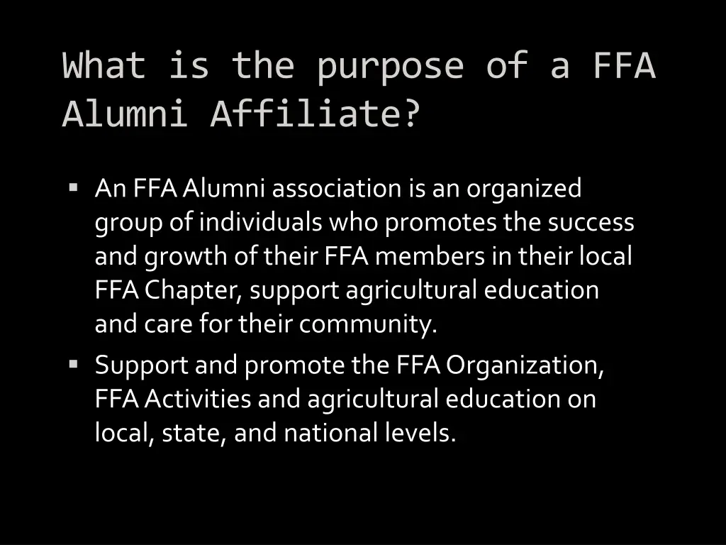 what is the purpose of a ffa alumni affiliate