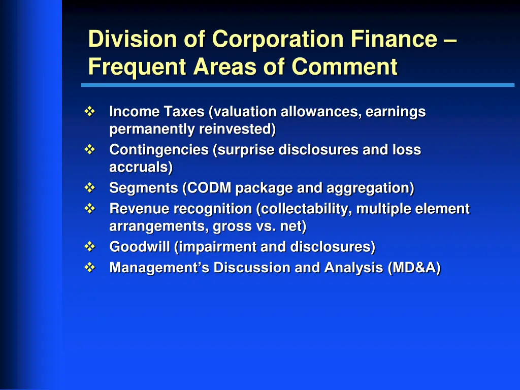 division of corporation finance frequent areas