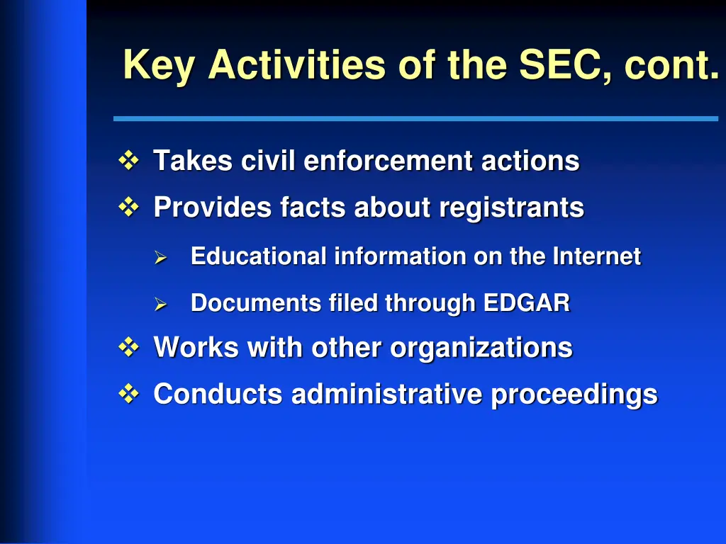 key activities of the sec cont