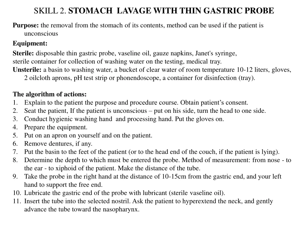 skill 2 stomach lavage with thin gastric probe