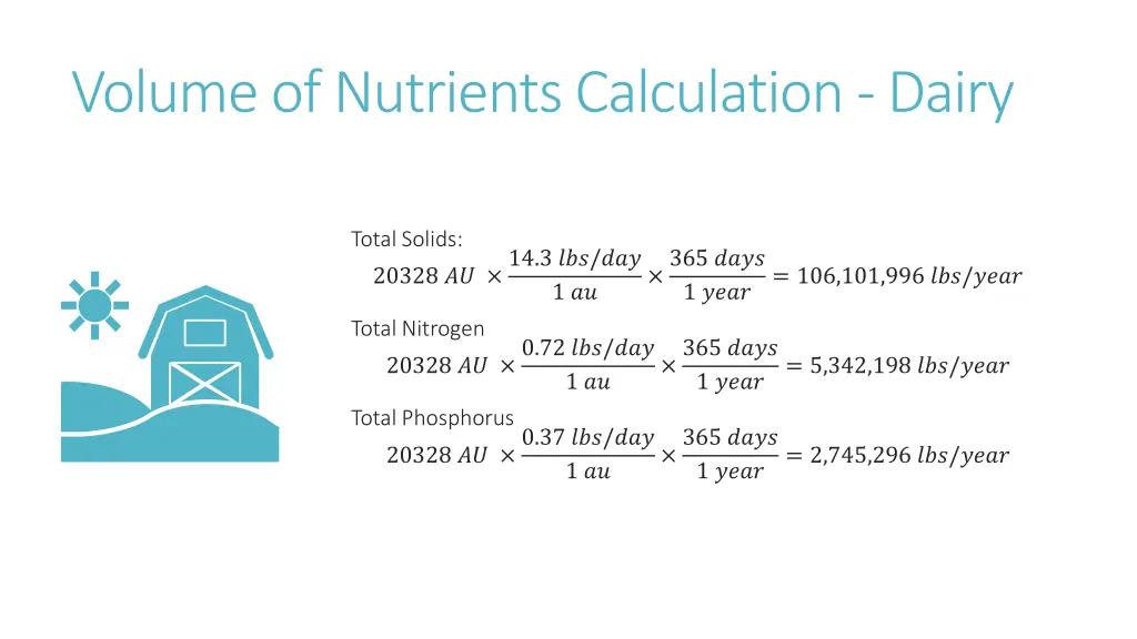 volume of nutrients calculation dairy