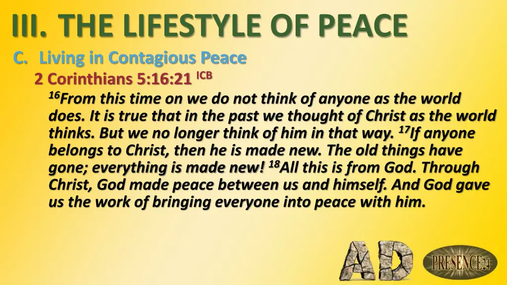 iii the lifestyle of peace c living in contagious