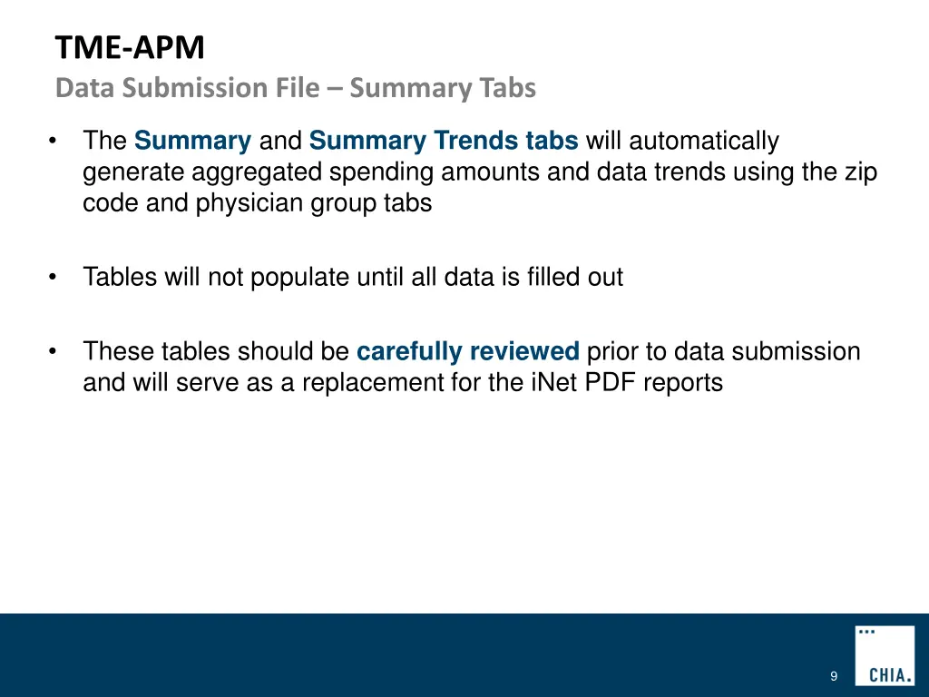 tme apm data submission file summary tabs
