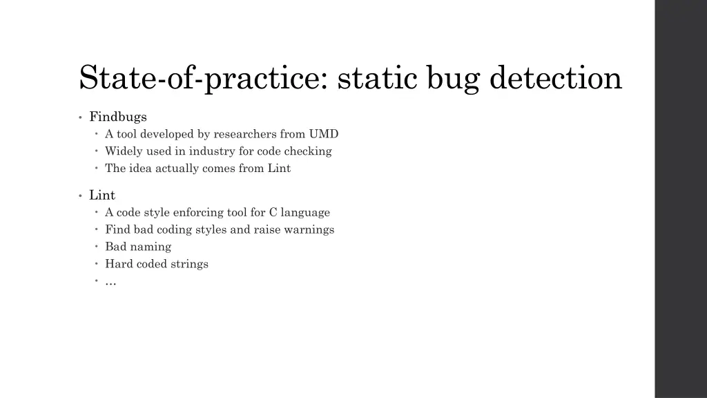 state of practice static bug detection