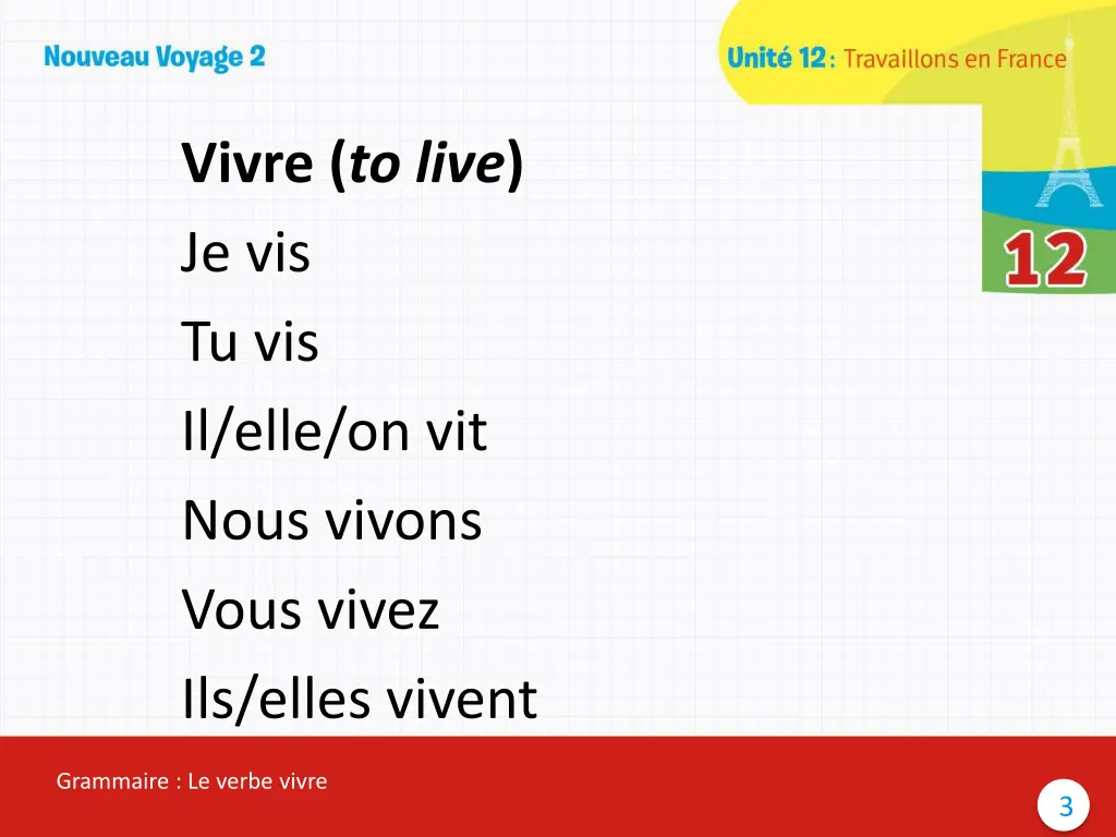 vivre to live je vis tu vis il elle on vit nous