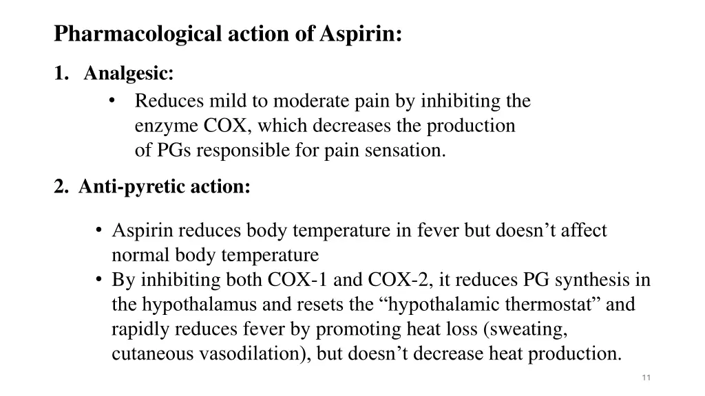 pharmacological action of aspirin