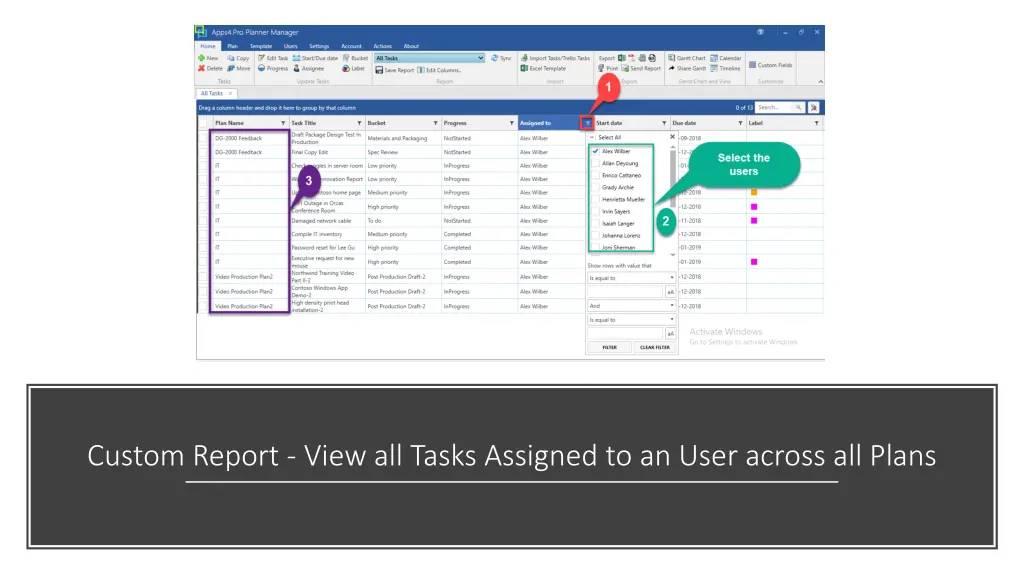 custom report view all tasks assigned to an user
