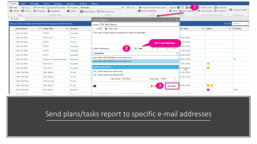 send plans tasks report to specific e mail