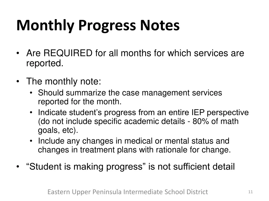 monthly progress notes