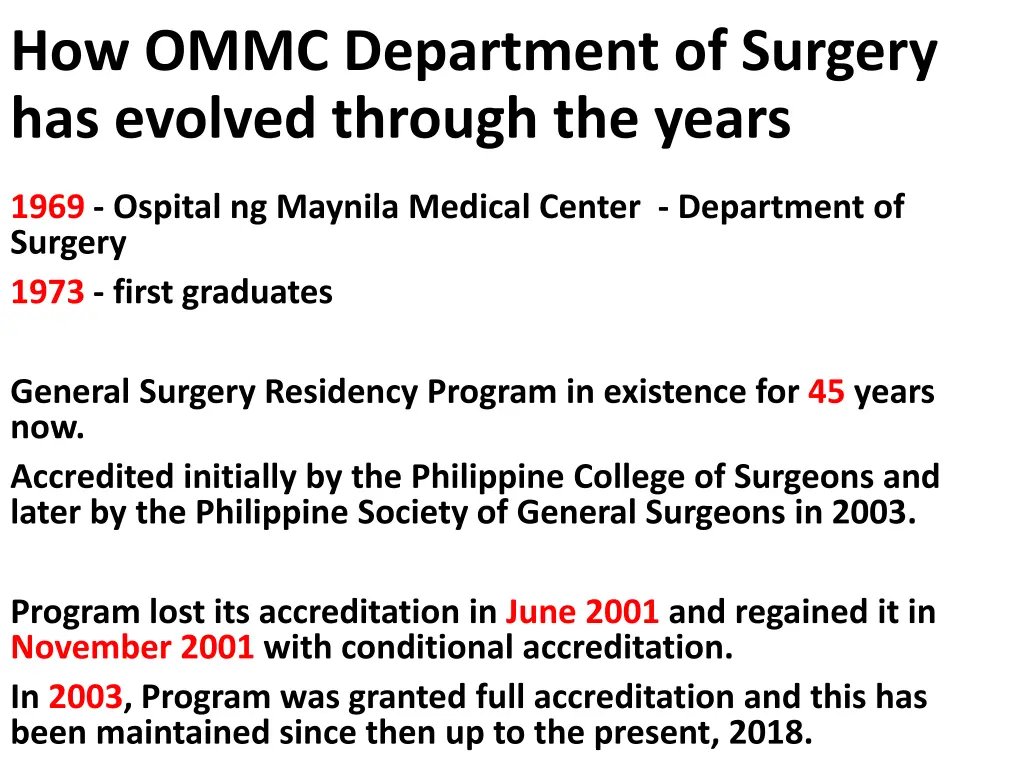 how ommc department of surgery has evolved